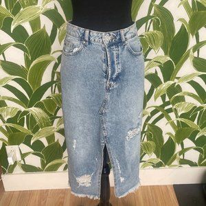 H&M Distressed Denim Midi Skirt